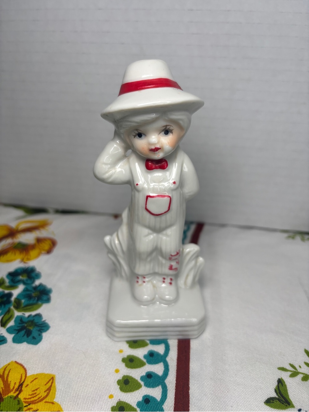 Vintage White Porcelain Boy Figurine Red Accents Sabre Fine Gifts Character